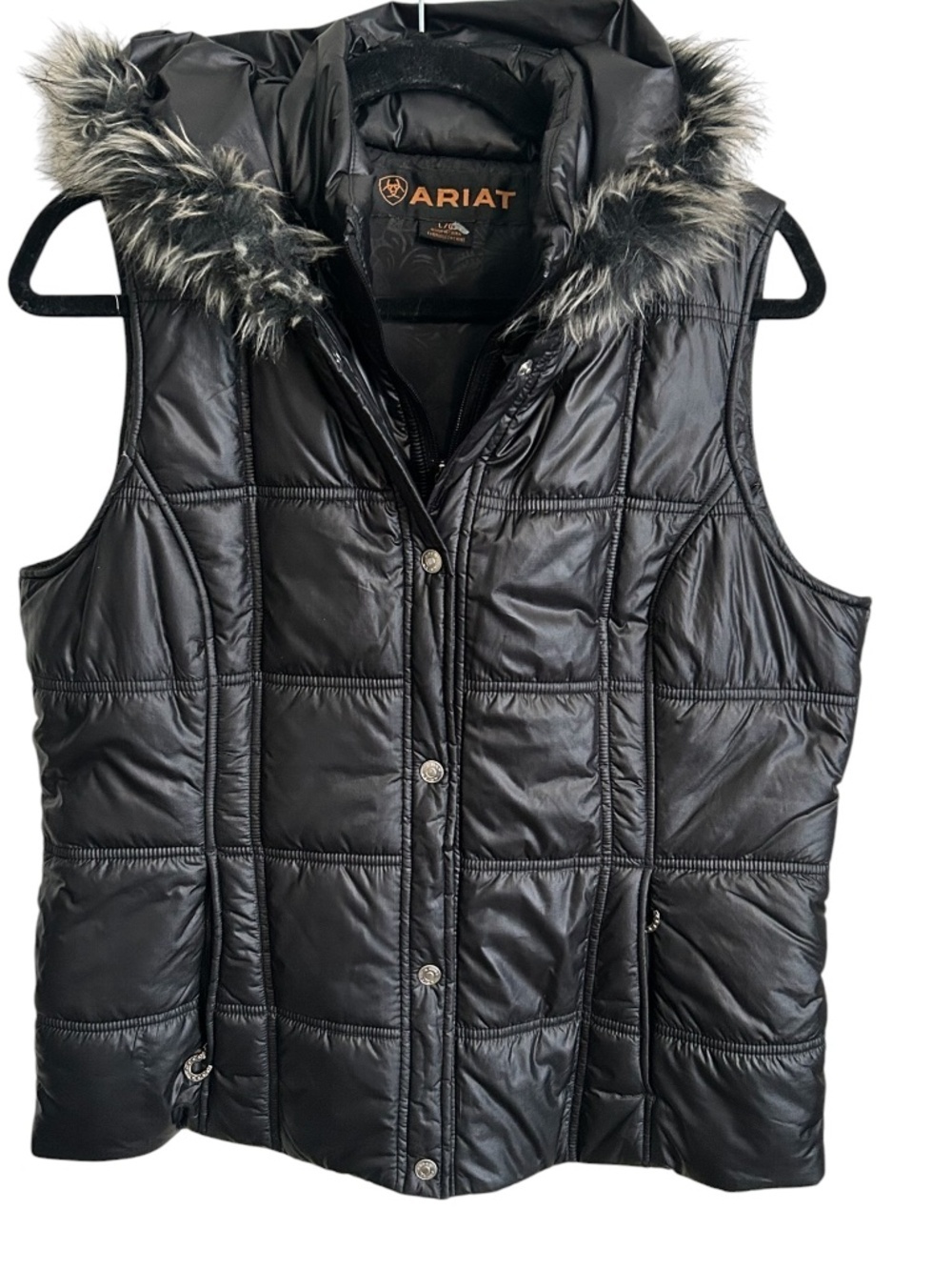 Ariat Quilted Puffer Vest Sz Large Hooded Faux Fur Trim Style 10008429 In Black